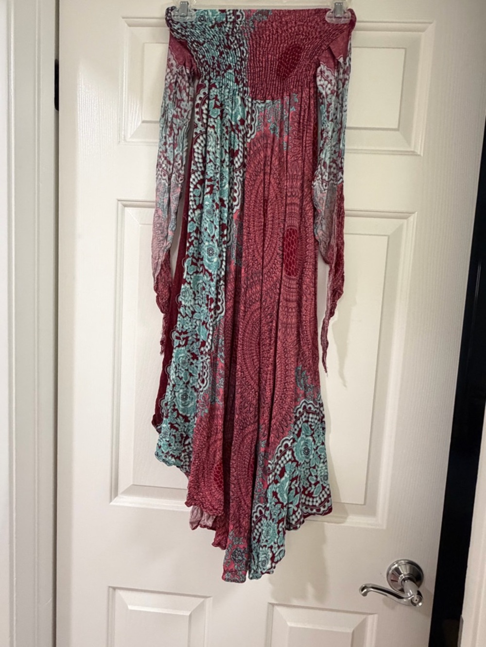 Hawaii Boho Strapless Maxi Dress in Burgundy & Teal Floral